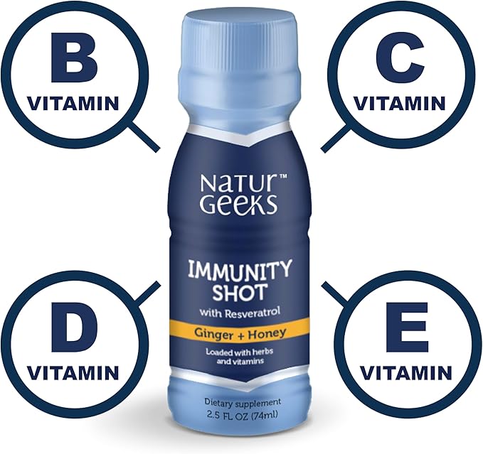 Immunity Support Shots with Organic Ginger + Honey | Vitamins C, D, B6, B12 and Zinc | Liquid Immune Defense Infused with Natural Resveratrol and Spermidine | 6 Pack (2.5 Fl oz)