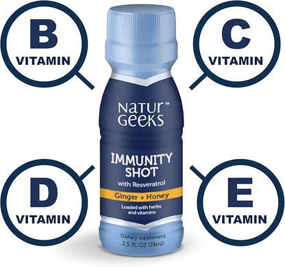 Immunity Support Shots with Organic Ginger + Honey | Vitamins C, D, B6, B12 and Zinc | Liquid Immune Defense Infused with Natural Resveratrol and Spermidine | 6 Pack (2.5 Fl oz)