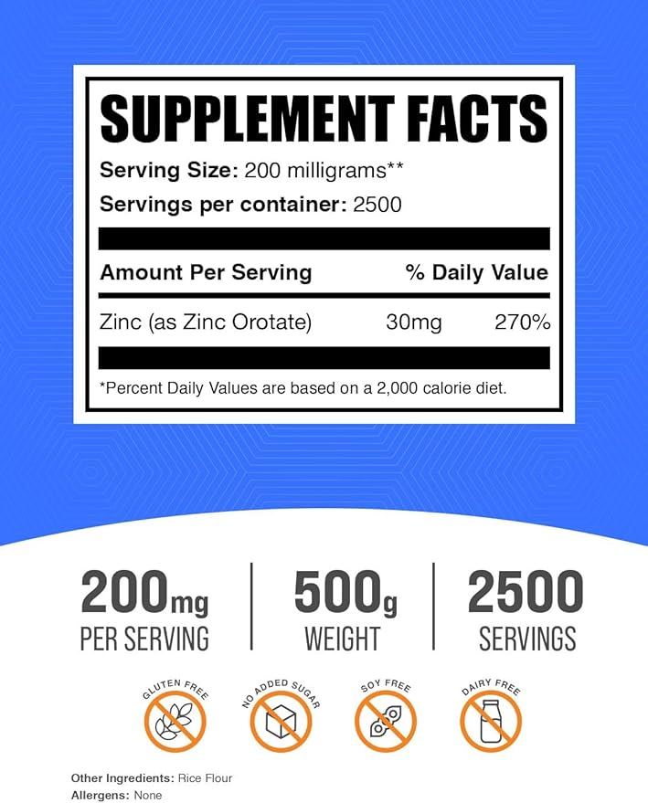 BulkSupplements.com Zinc Orotate Powder - Zinc Supplements, Zinc 30mg - Zinc Minerals Supplement, for Immune Support - Gluten Free, 200mg per Serving, 500g (1.1 lbs) (Pack of 1)