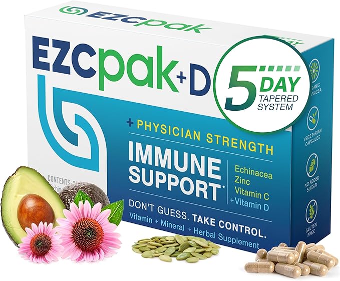 EZC Pak 5-Day Immune System Booster with Echinacea, Vitamin C, Zinc & Vitamin D - Tapered Immune Support Supplement for Adults - Supports Immunity, Easy Travel-Size Supplement Pack