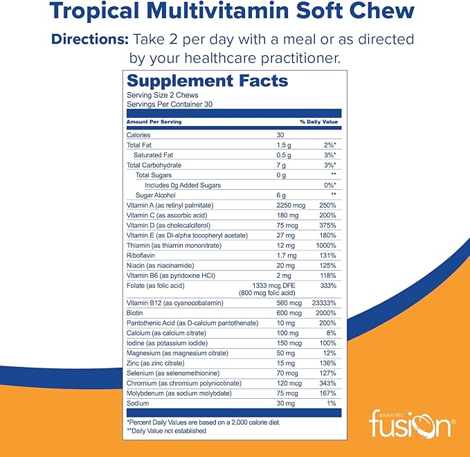 Bariatric Fusion Bariatric Multivitamin Soft Chew | Tropical Fruit Flavor | Chewy for Post Bariatric Surgery Patients Including Gastric Bypass and Sleeve Gastrectomy | 60 Count | 1 Month Supply