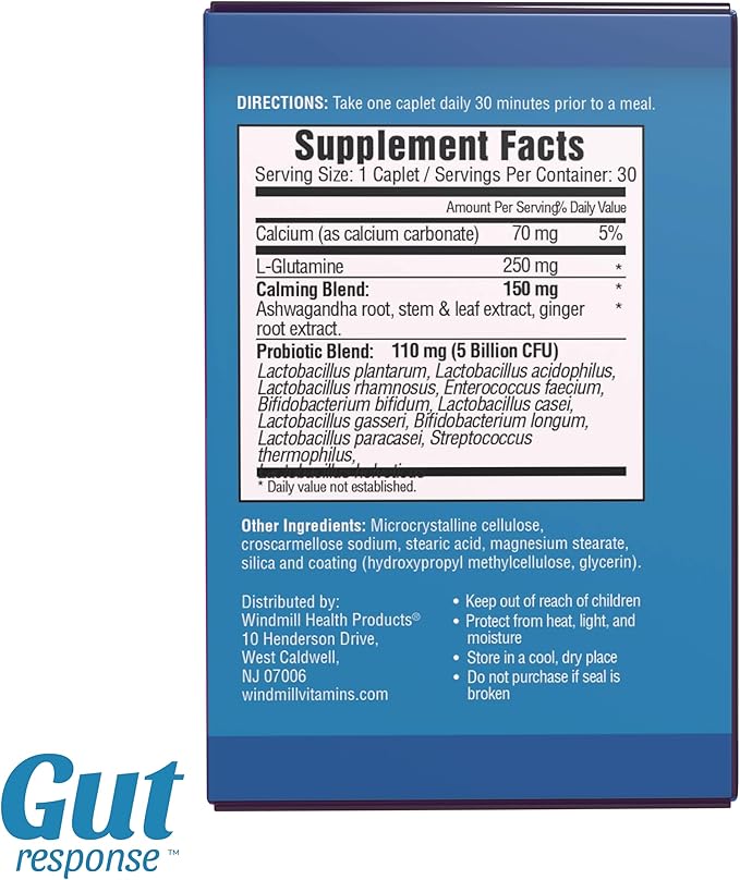 Stress Probiotic for Men & Women, Slows Down Digestive Aging, Boosts Immune System, Promotes Calmness, Ashwagandha, L-Glutamine, Non-GMO, Gluten Free & Vegan, 5 Billion CFU, 30 Caplets