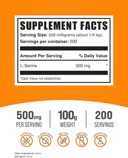 BulkSupplements.com L-Serine Powder - Serine Supplement, L-Serine 500mg - Amino Acid Supplement for Immune Support - Gluten Free, 500mg per Serving, 100g (3.5 oz) (Pack of 1)
