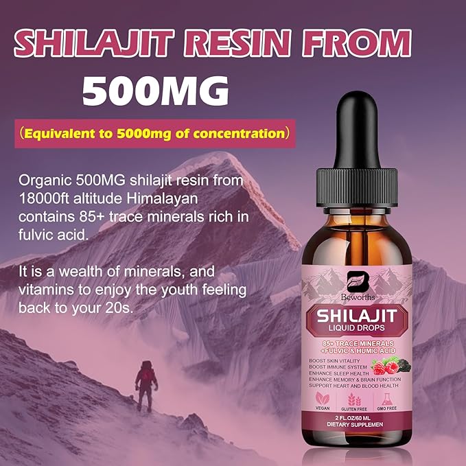 Shilajit Resin Liquid Drops | Organic Shilajit 85+ Trace Minerals Complex with Ashwagandha, Turmeric, Ginseng, Chaga, Shilajit Supplement for Men Immune Support, Brain Booster, Energy, Overall Health