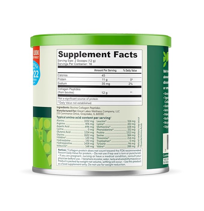 Great Lakes Wellness Collagen Peptides Powder for Skin, Hair, Nails, Joints & Digestion - Unflavored - Quick Dissolve Hydrolyzed, Non-GMO, Keto, Kosher - 7 oz