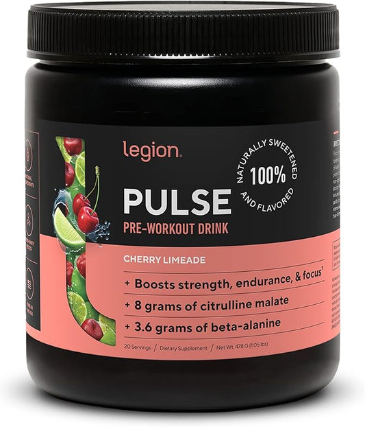 LEGION- All Natural Nitric Oxide Preworkout Drink to Boost Energy, Creatine Free, Naturally Sweetened, Beta Alanine, Citrulline, Alpha GPC (Cherry Limeade)