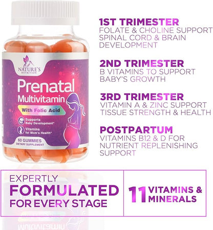 Prenatal Gummy with Folic Acid, Prenatal Vitamins and Minerals for Fetal Support, Vitamin A, C, D3, B12, B6 & Folate, Prenatal Multivitamin for Pregnant & Nursing Women - 60 Gummies, 30 Day Supply