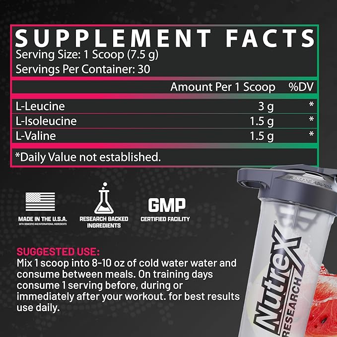 Nutrex Research - BCAA Powder 6000 Amino Acid - 6 Grams of BCAAs Amino Acids Supplement for Post Workout Recovery & Muscle Growth - Amino Energy Workout Recovery Drink (Watermelon - 30 Servings)