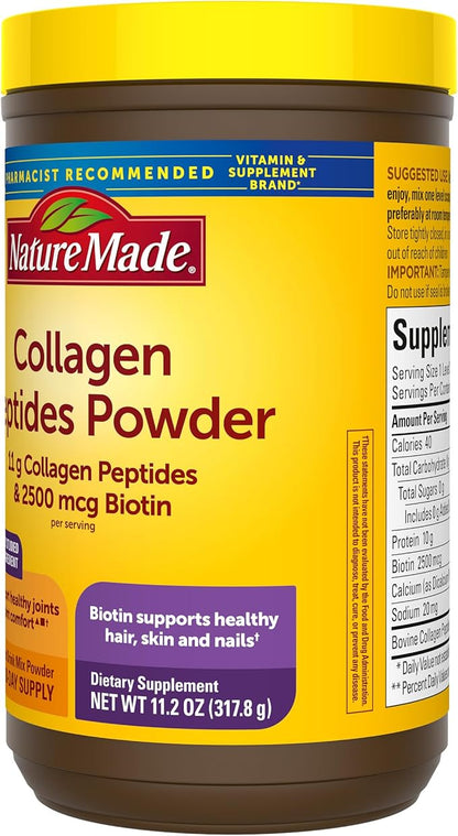 Nature Made Collagen Peptides Powder Type 1 and 3, Joint Support Collagen Powder Unflavored, Sugar Free, Keto Friendly with Biotin for Hair, Skin & Nails Support, 11.2 oz, 28 Day Supply