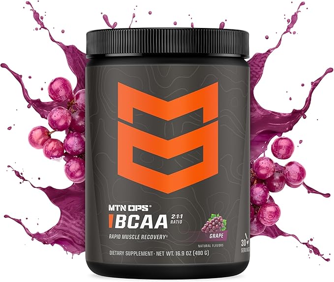 MTN OPS BCAA 2:1:1 Amino Acids Supplement Powder for Rapid Muscle Recovery & Repair with Zero Sugar & Gluten Free (30-Serving Tub, Grape)