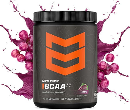 MTN OPS BCAA 2:1:1 Amino Acids Supplement Powder for Rapid Muscle Recovery & Repair with Zero Sugar & Gluten Free (30-Serving Tub, Grape)
