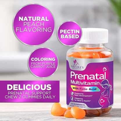 Prenatal Gummy with Folic Acid, Prenatal Vitamins and Minerals for Fetal Support, Vitamin A, C, D3, B12, B6 & Folate, Prenatal Multivitamin for Pregnant & Nursing Women - 120 Gummies, 60 Day Supply