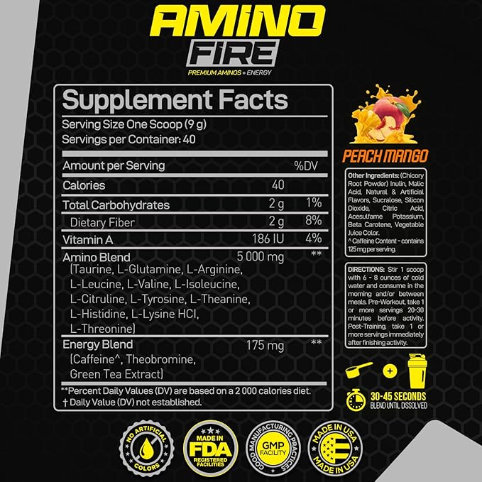 Forzagen Amino Fire | Essential Amino Energy Powder for Pre-Workout | BCAA Energy Boost & Muscle Recovery Drink Mix, Enhance Focus & Concentration, Dietary Supplement | Peach Mango, 40 Servings