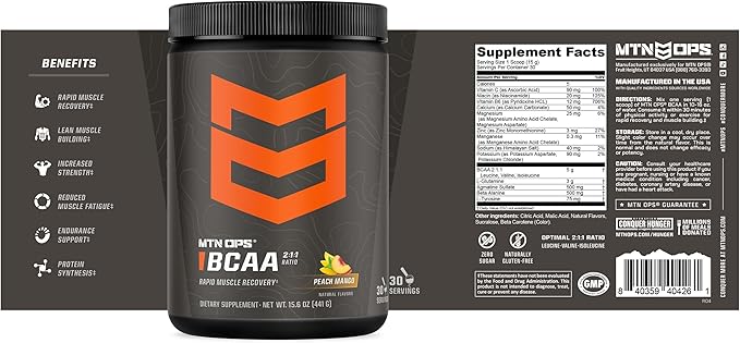 MTN OPS BCAA 2:1:1 Amino Acids Supplement Powder for Rapid Muscle Recovery & Repair with Zero Sugar & Gluten Free (30-Serving Tub, Peach Mango)