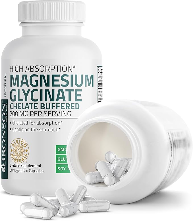 Bronson Magnesium Glycinate 200 MG per Serving Chelated for High Absorption, Gentle On Stomach, Non-GMO, 60 Vegetarian Capsules