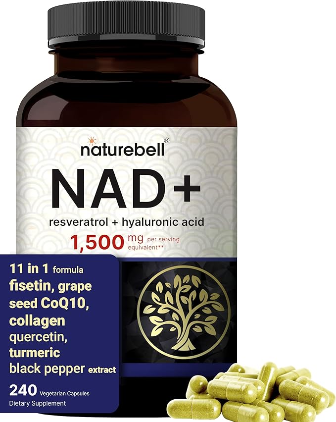 NatureBell NAD+ 1,500mg Per Serving, 240 Veggie Capsules | 11-in-1 Complex with Resveratrol Plus Hyaluronic Acid, Quercetin, Fisetin, Collagen, & More – Nicotinamide Supplement – Non-GMO
