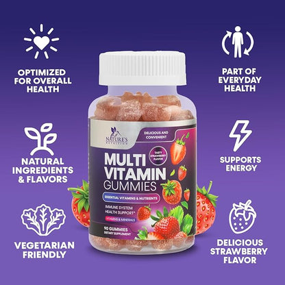 Multivitamin Gummies for Adults with 13 Vitamins and Minerals, Daily Gummy Vitamin for Women & Men, Immune Health Support Supplement with Vitamins A, C, D, E, B-6, B-12, Zinc, Berry - 90 Gummies