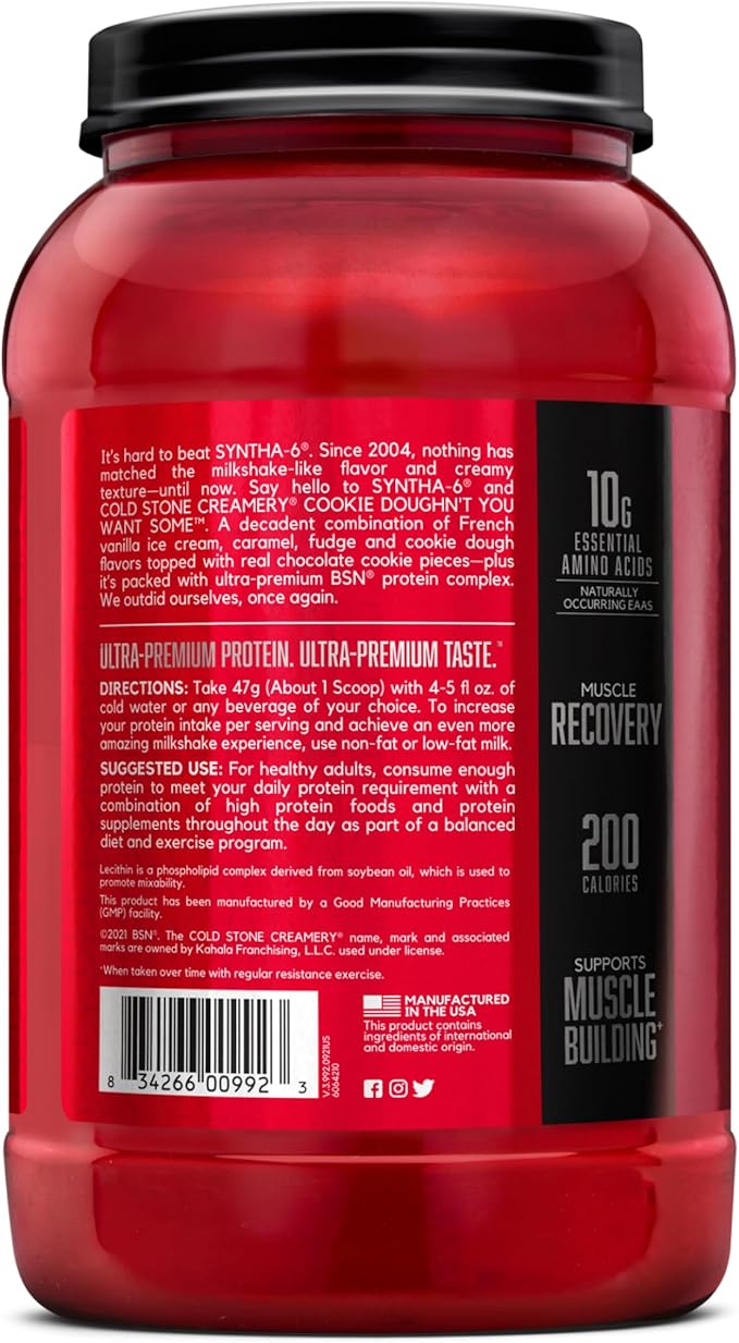 BSN Syntha-6 Whey Protein Powder, Cold Stone Creamery- Cookie Doughn't You Want Some, Micellar Casein, Milk Protein Isolate Powder, 25 Servings
