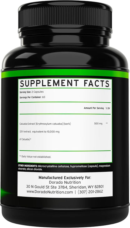 Catuaba Bark Extract 10,000mg Per Serving (120 Capsules) (Erythroxylum Catuaba) 3rd Party Tested - Drive & Stamina - Made in The USA - Gluten Free & Non-GMO - Vegan - For Men & Women - (120 Capsules)