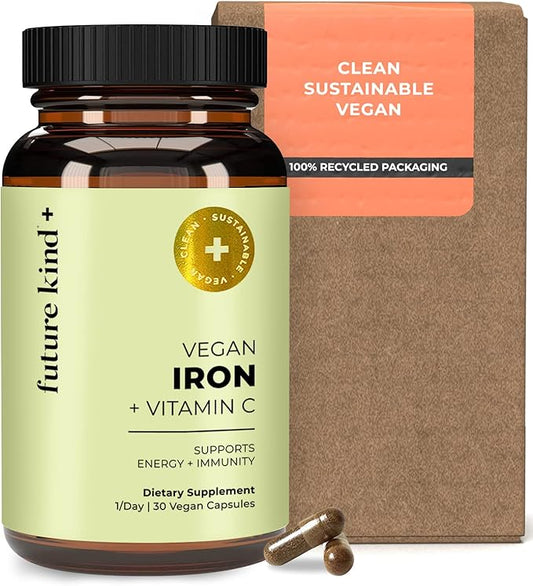 Future Kind Vegan Iron Supplement with Vitamin C (30 Iron Capsules) in Glass Bottle - Iron Supplements for Men and Women - Vegan Supplement Iron with Vitamin C for Energy, Focus & Immunity Support