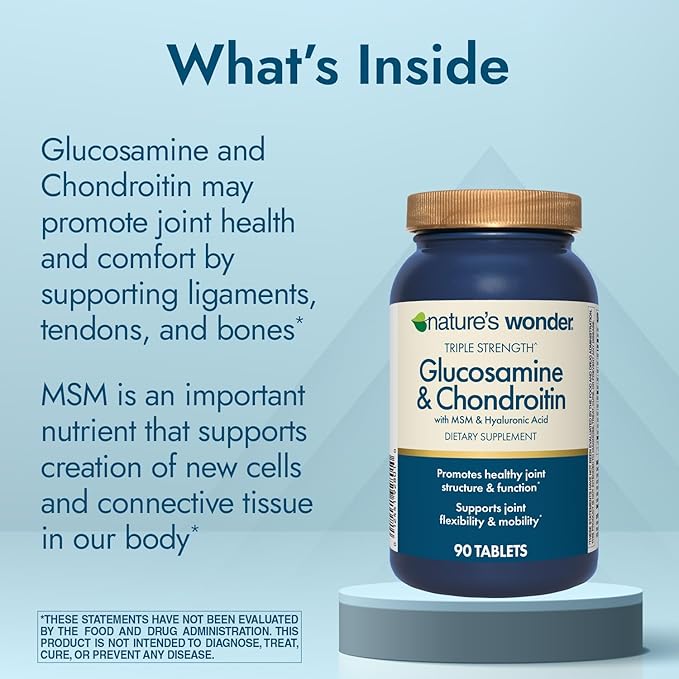 Nature's Wonder Triple Strength Glucosamine & Chondroitin with MSM and Hyaluronic Acid and Boswellia for Joint Health, Supports Joint Flexibility and Mobility, 45 Day Supply, 90 Tablets