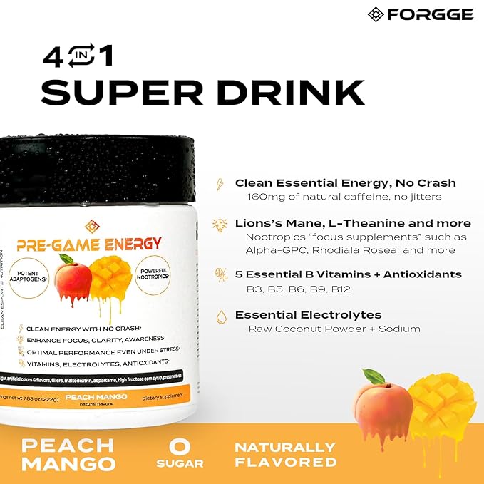 Forgge Focus Energy Drink Powder - Lion’s Mane, Alpha-GPC, L-Theanine and Nootropics for Focus - Vitamins + Electrolytes - Natural Caffeine, Sugar Free (Peach Mango)