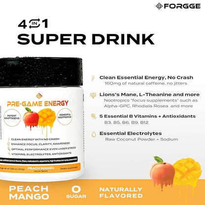 Forgge Focus Energy Drink Powder - Lion’s Mane, Alpha-GPC, L-Theanine and Nootropics for Focus - Vitamins + Electrolytes - Natural Caffeine, Sugar Free (Peach Mango)