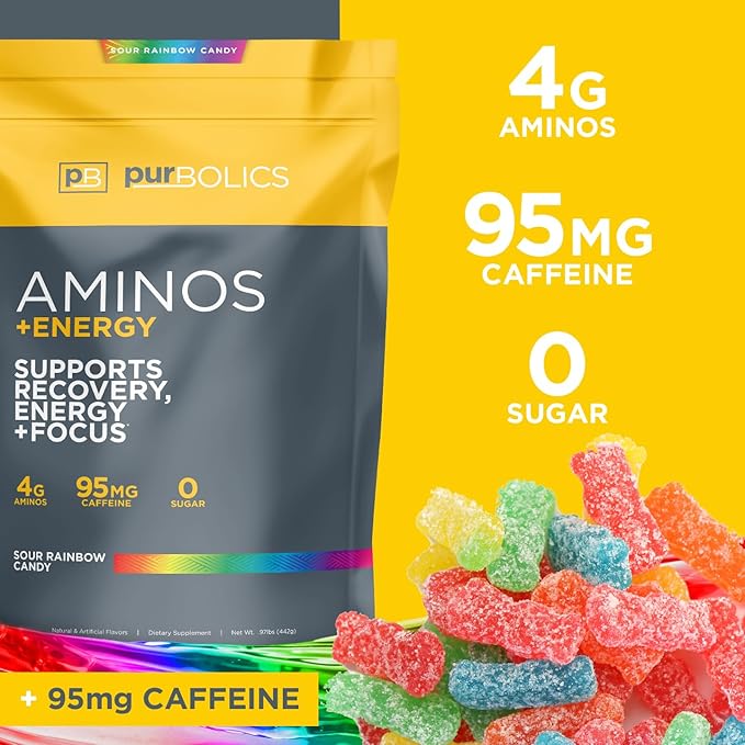 Aminos + Energy | Supports Recovery, Energy & Focus | 95mg of Caffeine, 0 Sugar & 60 Servings (Sour Rainbow Candy)