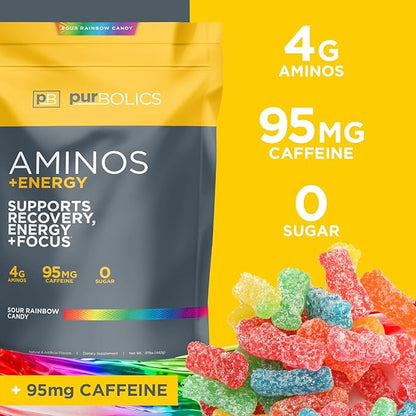Aminos + Energy | Supports Recovery, Energy & Focus | 95mg of Caffeine, 0 Sugar & 60 Servings (Sour Rainbow Candy)