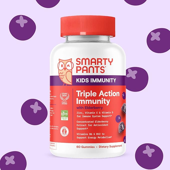SmartyPants Kids Immunity Elderberry Gummies: Kids Immune Support Supplement, Vitamin C, Vitamin D, Vitamins B6 & B12 and Zinc, Gluten Free, Elderberry Flavor, 60 Count (30 Day Supply)