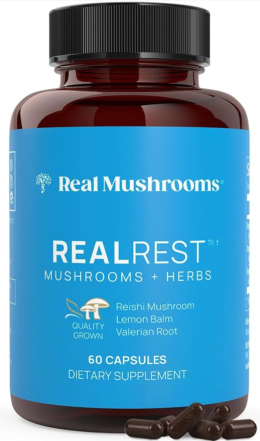 Real Mushrooms RealRest (60ct) Reishi Mushroom Capsules for Relaxation - Organic Reishi Mushrooms with Lemon Balm Herb - Sleep Support Supplement Mushroom Complex for Rest & Immune Support