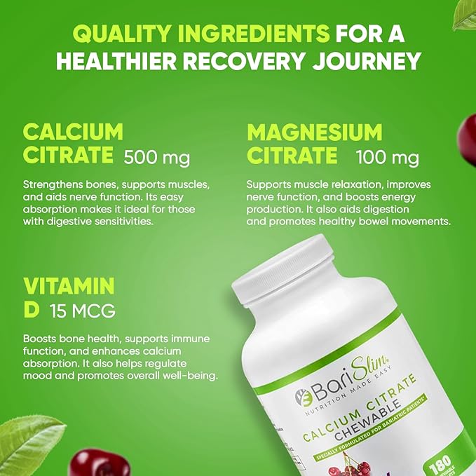 BariSlim Bariatric Calcium Citrate with Magnesium & Vitamin D Tabs - 500mg Calcium Citrate - Formulated for Post Weight Loss Surgery - Supports Bone Health | Cherry