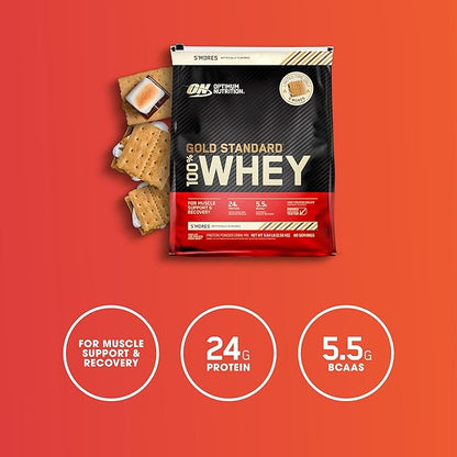Optimum Nutrition 100% Gold Standard Whey Protein Powder - Protein Powder with a Blend of Hydrolyzed, Isolate and Whey Protein - Protein Powder for Muscle Recovery - S'Mores, 5.64 lb (80 Servings)