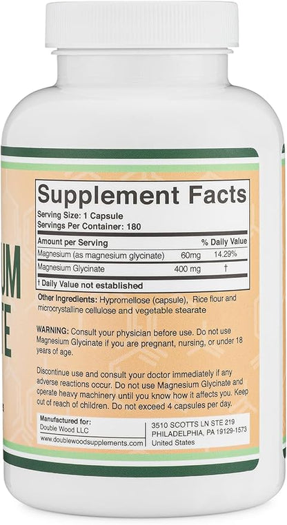 Magnesium Glycinate 400mg, 180 Capsules (Vegan Safe, Third Party Tested, Gluten Free, Non-GMO) High Absorption Magnesium by Double Wood Supplements