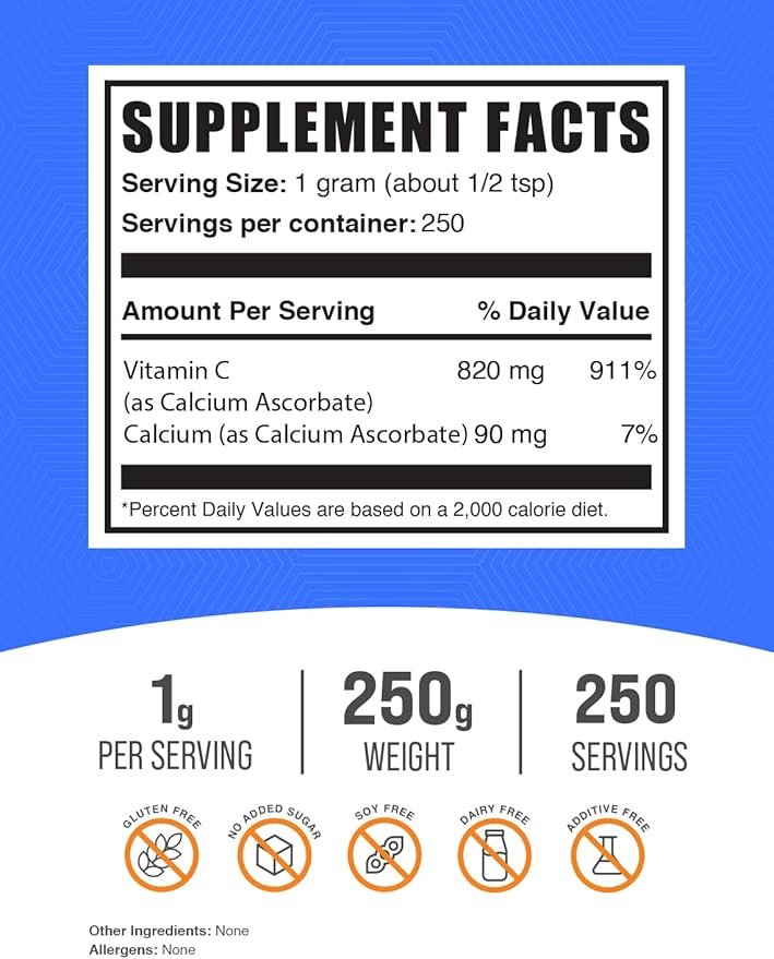 BulkSupplements.com Calcium Ascorbate Powder - Buffered Vitamin C, Calcium Supplement Powder, Vitamin C Supplement - Gluten Free, 1000mg per Serving, 250g (8.8 oz) (Pack of 1)