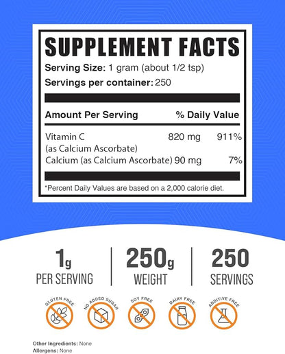 BulkSupplements.com Calcium Ascorbate Powder - Buffered Vitamin C, Calcium Supplement Powder, Vitamin C Supplement - Gluten Free, 1000mg per Serving, 250g (8.8 oz) (Pack of 1)
