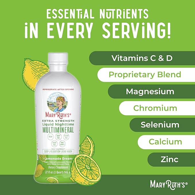 MaryRuth Organics Extra Strength Nighttime Liquid Multimineral Sleep Supplement | Sugar Free | Calm Magnesium Citrate | NO Melatonin | Calcium Magnesium Zinc | Lemonade Flavor | Vegan | 32 Servings
