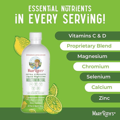 MaryRuth Organics Extra Strength Nighttime Liquid Multimineral Sleep Supplement | Sugar Free | Calm Magnesium Citrate | NO Melatonin | Calcium Magnesium Zinc | Lemonade Flavor | Vegan | 32 Servings