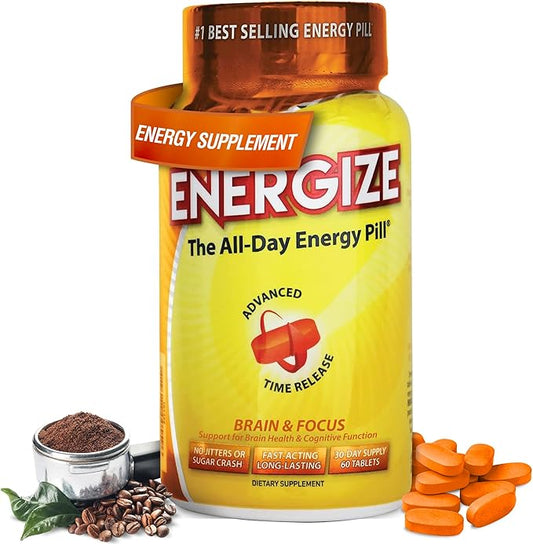 iSatori Energize Brain & Focus Caffeine Pills - Fast Acting All Day Energy Pills, Brain Booster, Energy and Focus Supplement, Time Release Caffeine Means No Jitters, No Crash (60 Tablets)