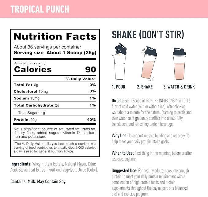 Isopure Protein Powder, Clear Whey Isolate Protein, Post Workout Recovery Drink Mix, Gluten Free with Zero Added Sugar, Infusions- Tropical Punch, 36 Servings