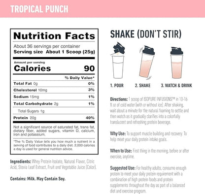 Isopure Protein Powder, Clear Whey Isolate Protein, Post Workout Recovery Drink Mix, Gluten Free with Zero Added Sugar, Infusions- Tropical Punch, 36 Servings