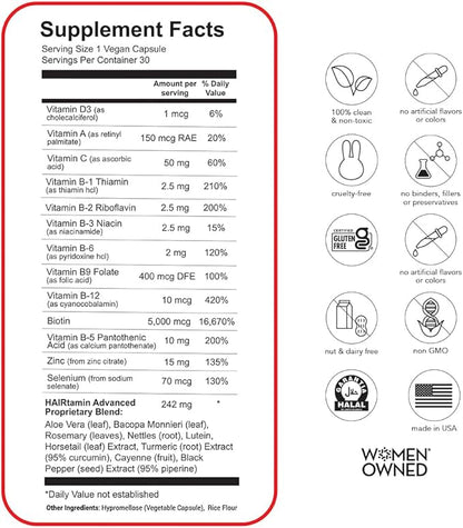 HAIRtamin Vegan Hair Vitamins for Faster Growth | All Natural Biotin Capsules to Support Healthy Hair, Skin and Nails | May Reduce Loss & Thinning | 30 Capsules (1)
