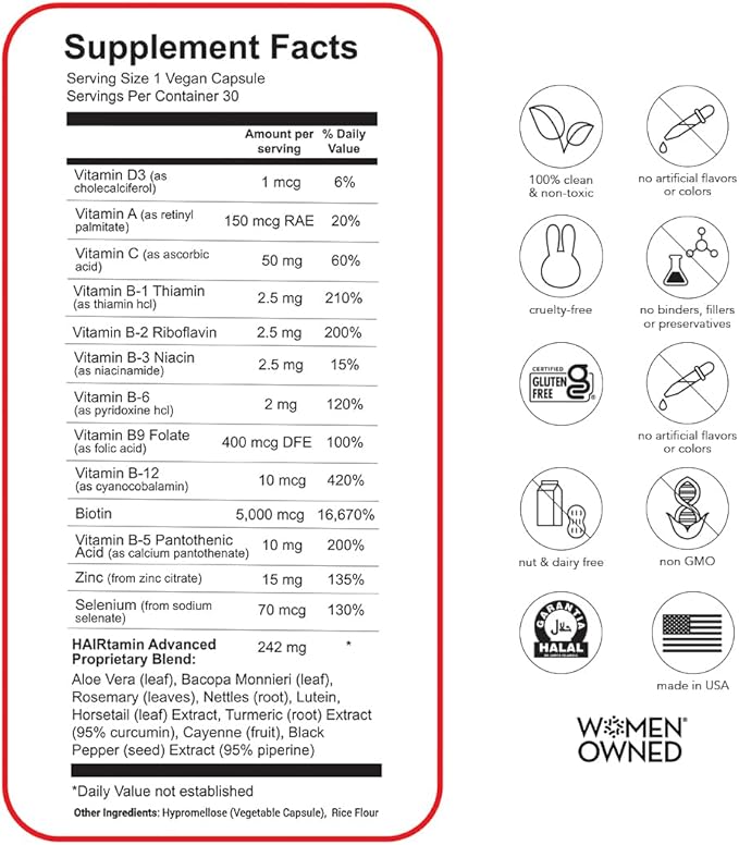 HAIRtamin Advanced Hair Vitamins for Women & Men | All Natural Vegan 5000 Mcg Biotin Capsules Hair Vitamin Supplement | Hair Skin and Nail Vitamins to Promote Hair Growth & Thickness (3 -Pack)