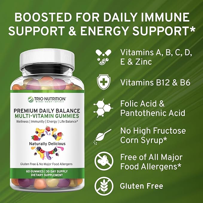 TRIO NUTRITION Premium Daily Balance Multivitamin Gummies for Men & Women| Essential Vitamins & Minerals for Immune Boost & Energy Support | No Major Food Allergens & Gluten Free| No High Fructose*