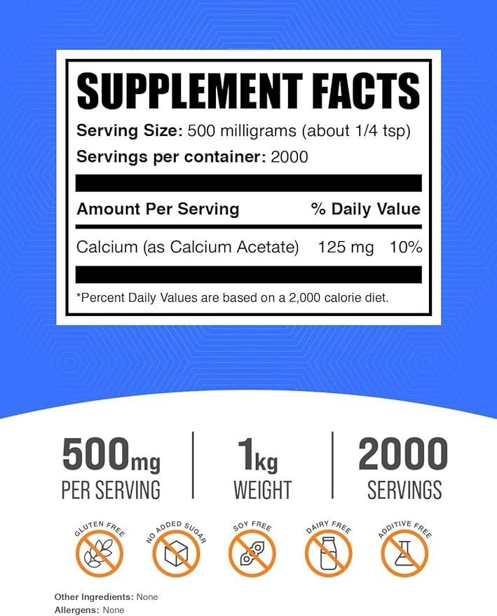 BulkSupplements.com Calcium Acetate Powder - Calcium Supplement, Calcium Acetate Supplement - Food Grade & Gluten Free, 500mg (125mg Calcium) per Serving, 1kg (2.2 lbs) (Pack of 1)