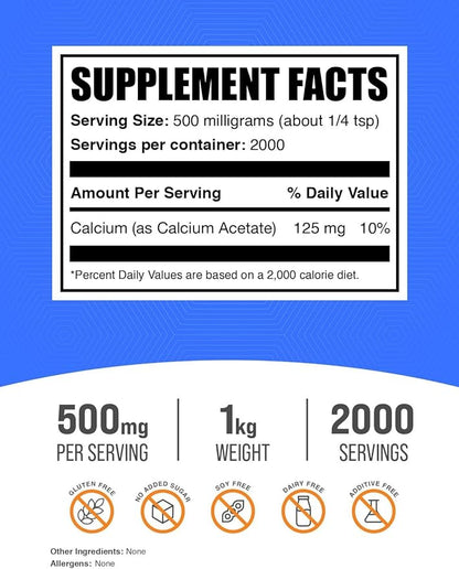 BulkSupplements.com Calcium Acetate Powder - Calcium Supplement, Calcium Acetate Supplement - Food Grade & Gluten Free, 500mg (125mg Calcium) per Serving, 1kg (2.2 lbs) (Pack of 1)