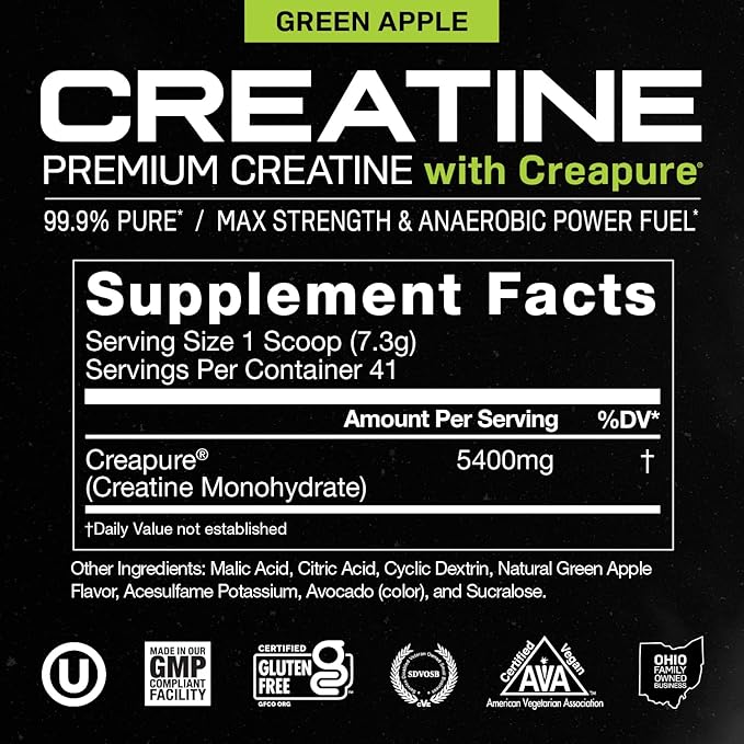 Muscle Feast Creapure Creatine Monohydrate Powder, Vegan Keto Friendly Gluten-Free Easy to Mix, Mass Gainer, Muscle Recovery Supplement and Best Creatine for Muscle Growth, Green Apple, 300g