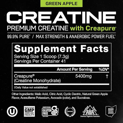 Muscle Feast Creapure Creatine Monohydrate Powder, Vegan Keto Friendly Gluten-Free Easy to Mix, Mass Gainer, Muscle Recovery Supplement and Best Creatine for Muscle Growth, Green Apple, 300g