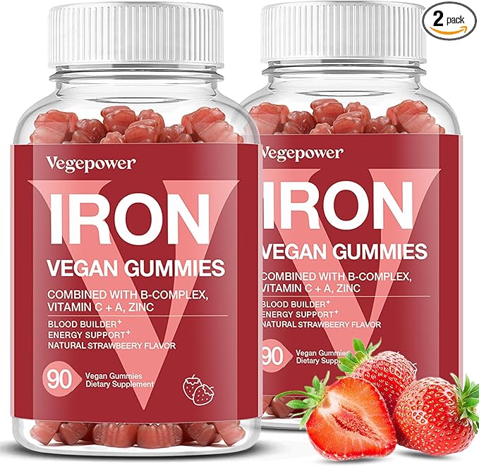 Iron Gummies Supplements for Women & Kids - Multivitamin with Iron for Blood Oxygen, Great Tasting Iron Gummy Vitamins with Vitamin C for Max Absorption - Vegan Iron Chewable (180 Count, Strawberry)