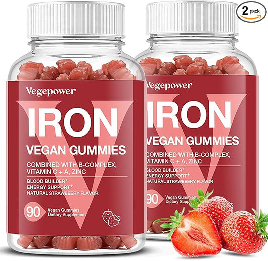 Iron Gummies Supplements for Women & Kids - Multivitamin with Iron for Blood Oxygen, Great Tasting Iron Gummy Vitamins with Vitamin C for Max Absorption - Vegan Iron Chewable (180 Count, Strawberry)